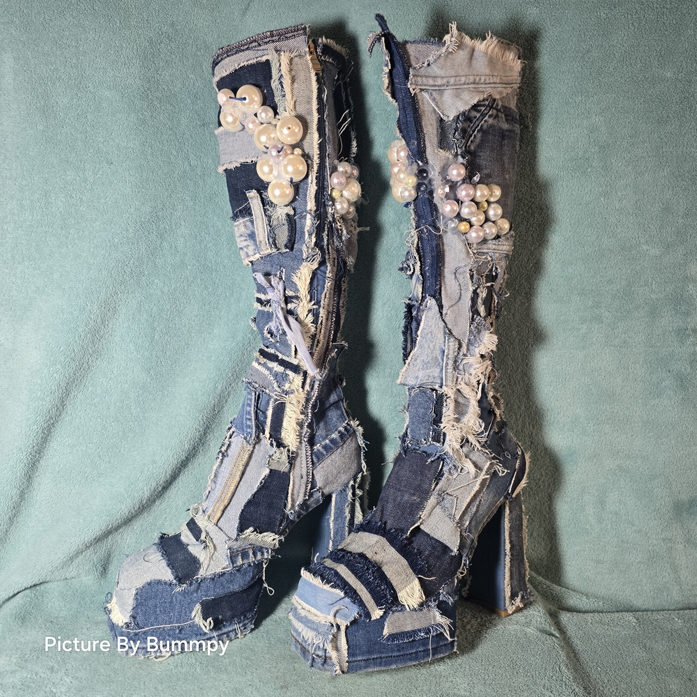 AZALEA WANG DENIM CHUNKY PATCHWORK PLATFORM BOOT.Denim Patchwork Knee-High Boots - Picture 3 of 16
